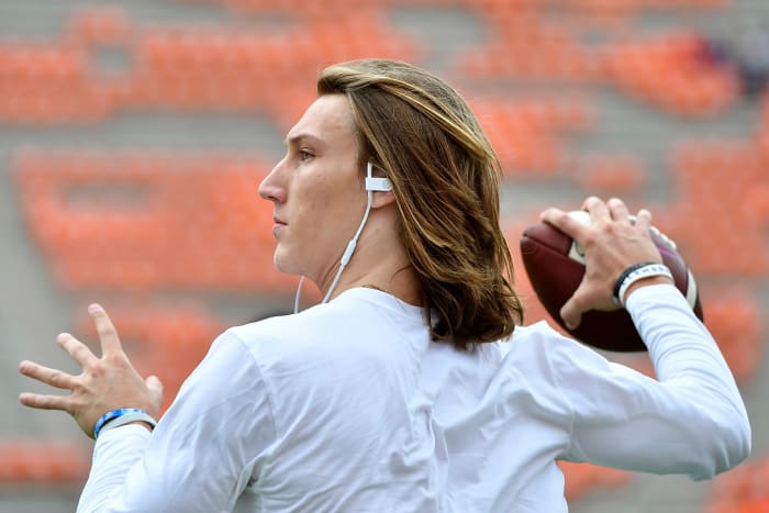 Trevor Lawrence warming up before a game.