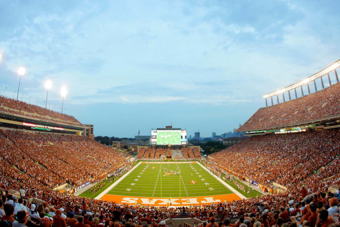Fans cheer on the Texas Longhorns against the Louisiana Monroe Warhawks.