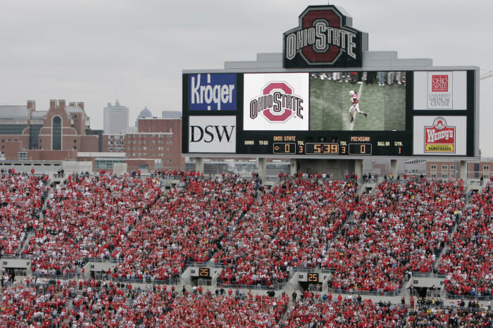 A general view of Ohio Stadium's score board during a football game.