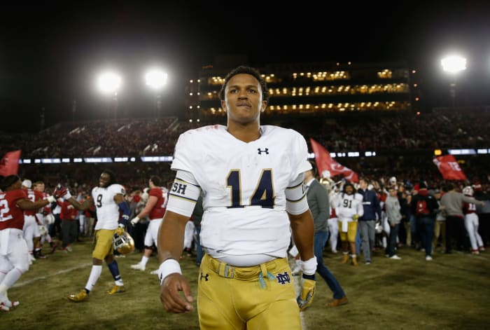 A closeup of Notre Dame QB Deshone Kizer after a game against Stanford.