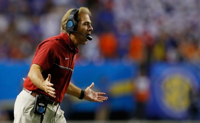 Nick Saban reacting during an Alabama game.