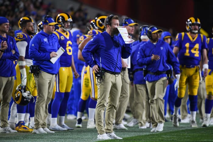 Rams caoch Sean McVay calling a play during a game.