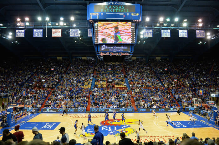 A general view of the Kansas Jayhawks basketball court.