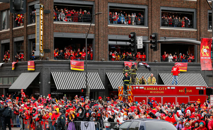 Kansas City Chiefs fans celebrate the team's Super Bowl win.