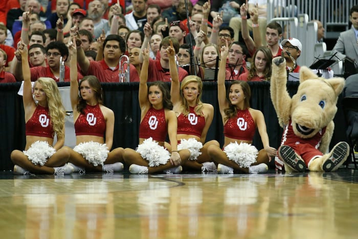 A view of Oklahoma's cheerleaders and mascot during a basketball game.