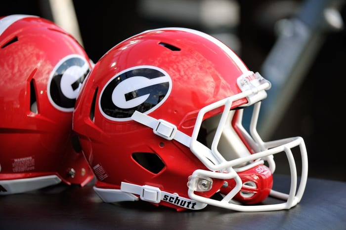 A closeup of a Georgia Bulldogs helmet