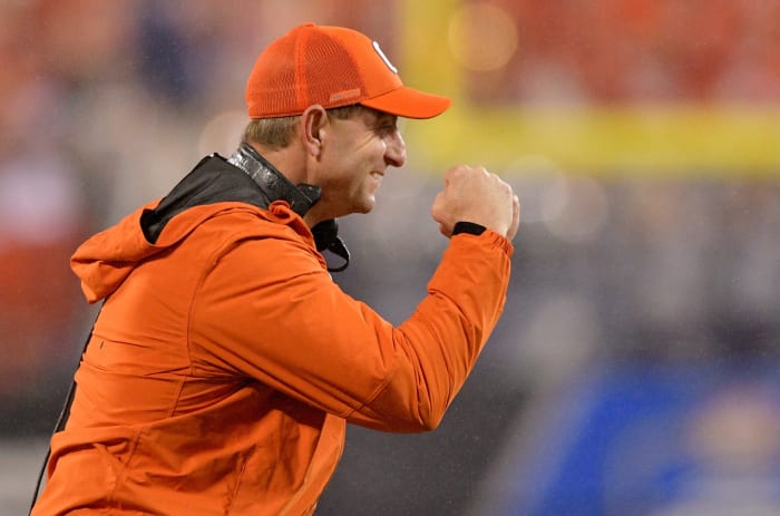 A closeup of Dabo Swinney celebrating a college football win.