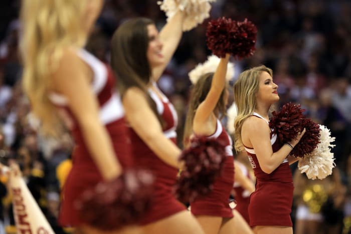 A closeup of Oklahoma Sooners cheerleaders