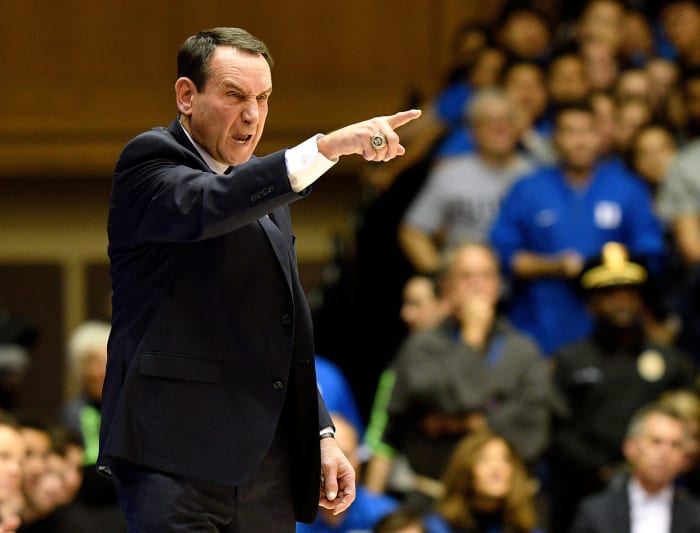 Duke head coach Mike Krzyzewski coaches his players.