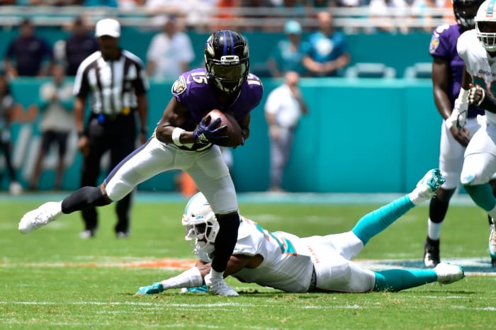 Marquise Brown of the Baltimore Ravens catches a pass.