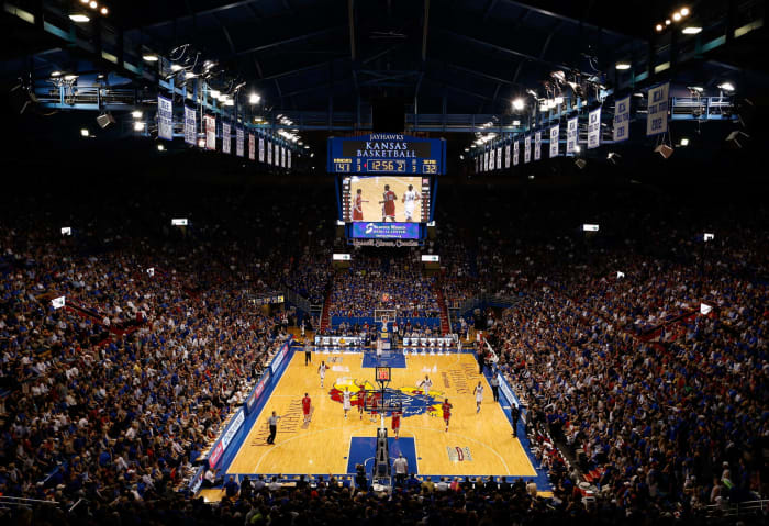 A general view of the Kansas Jayhawks basketball court.