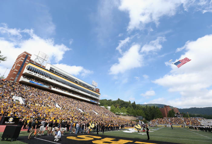 A field-level view of Appalachian State's football stadium.