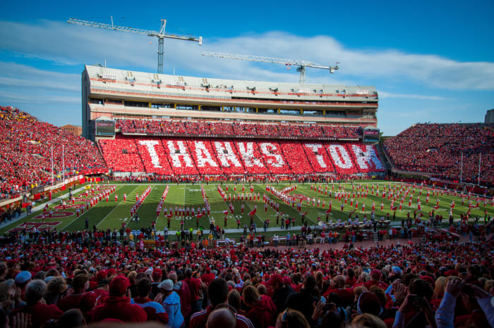 Nebraska football fans forming into a sign that says "thanks Tom" to Tom Osborne.