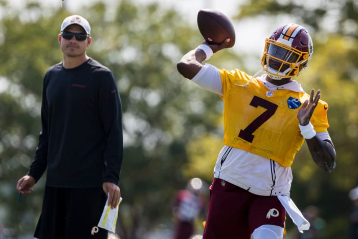 Washington Football Team quarterback Dwayne Haskins throws a pass in practice.