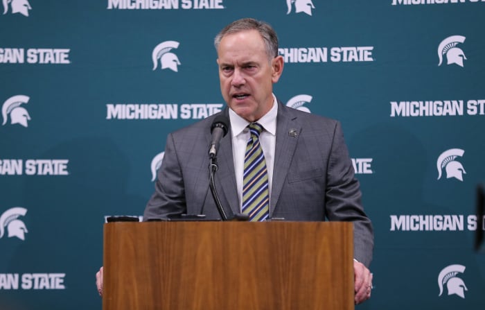 Mark Dantonio talking at a Michigan State press conference.