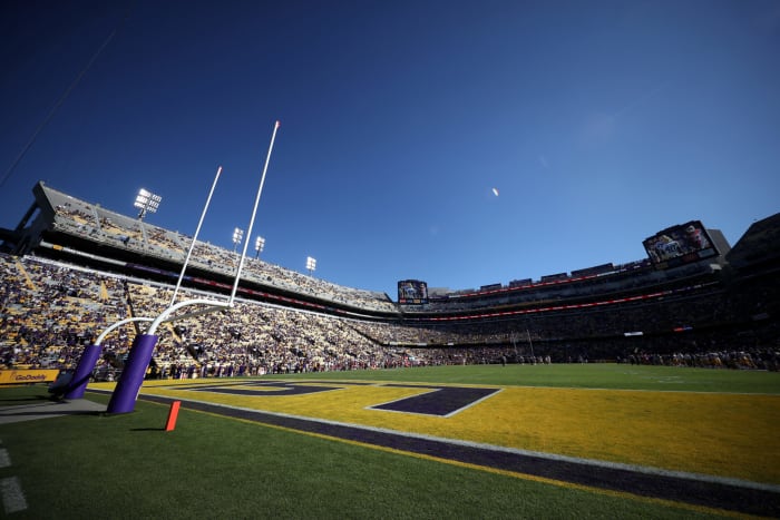 A low-angle view of the field at Tiger Stadium.