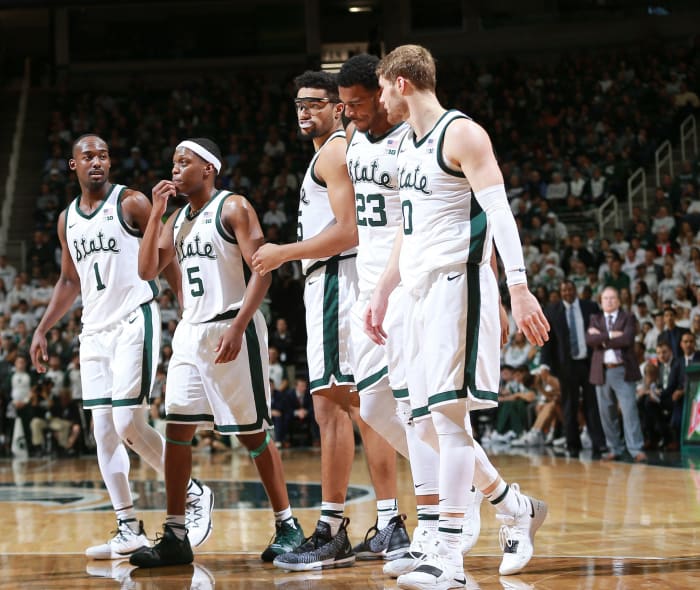 Michigan State players on court at the Breslin Center.