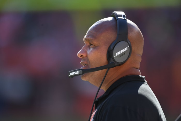 hue jackson looks onto the field during a browns game