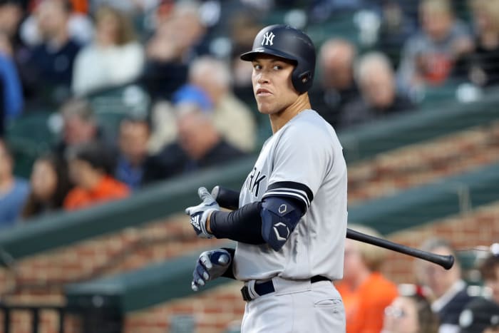 New York Yankees OF Aaron Judge preparing for an at bat.