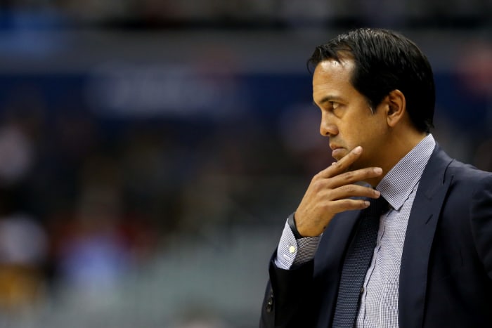 A closeup of Erik Spoelstra during a Heat game.