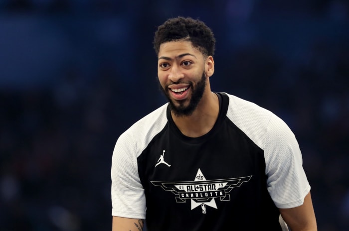 A closeup of Anthony Davis during warmups for the All-Star game.