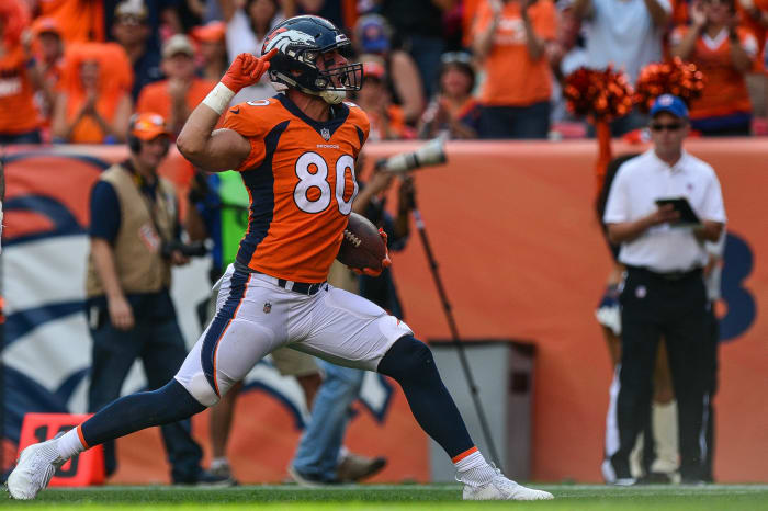 Jake Butt celebrates after catching a pass for the Denver Broncos.
