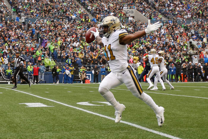 Deonte Harris of the New Orleans Saints rushes for a touchdown.