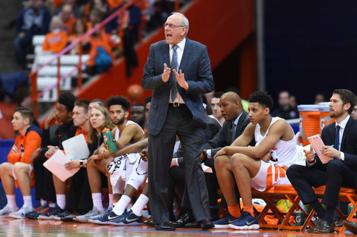 Jim Boeheim reacts to a play.