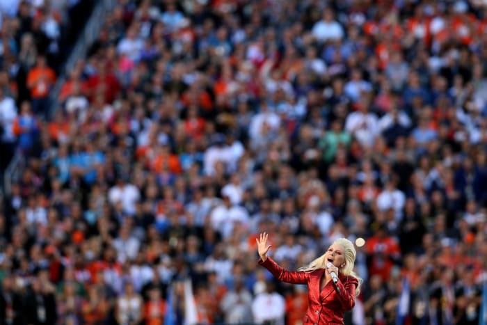 Lady Gaga performing the National Anthem during the Super Bowl.
