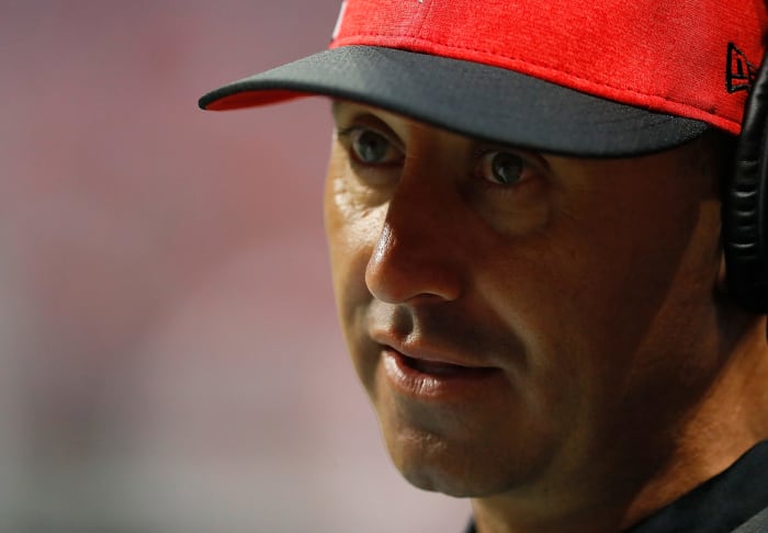 steve sarkisian looks onto the field during a game against atlanta. He is now with Texas football as head coach.