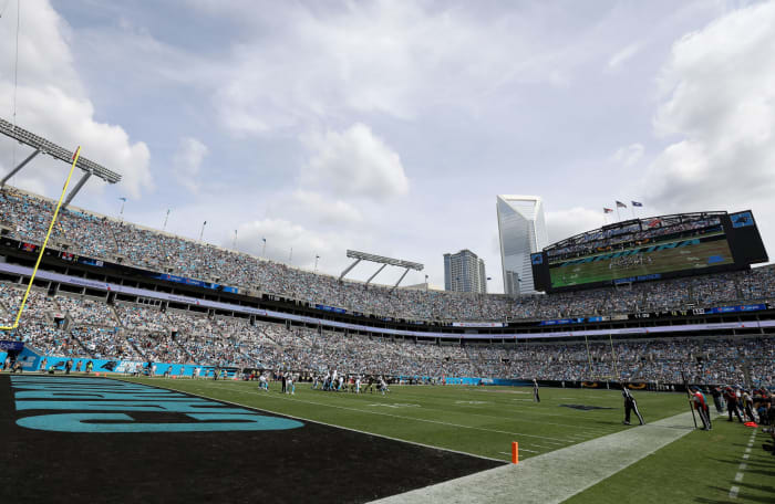 A field level view of the Carolina Panthers stadium.