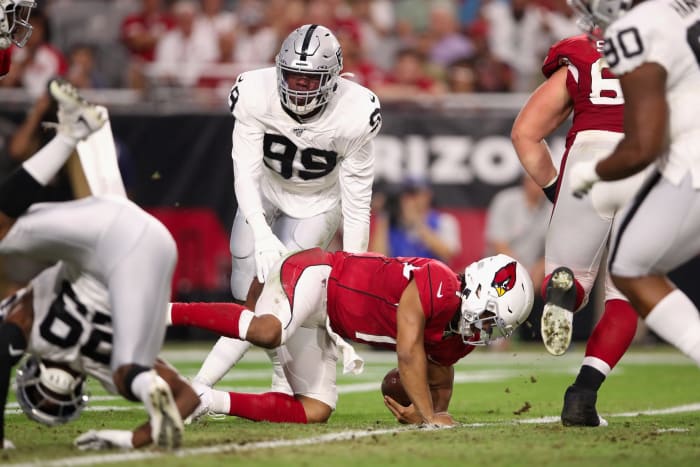 Kyler Murray sacked during a preseason game between the Arizona Cardinals and Oakland Raiders.