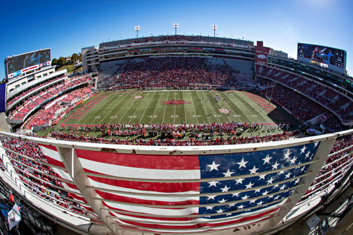 An overview of Arkansas football stadium.