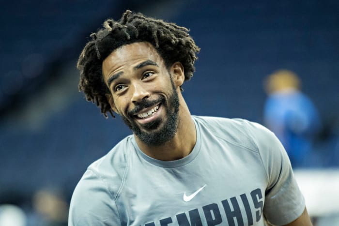 A closeup of Mike Conley before a Memphis Grizzlies game.