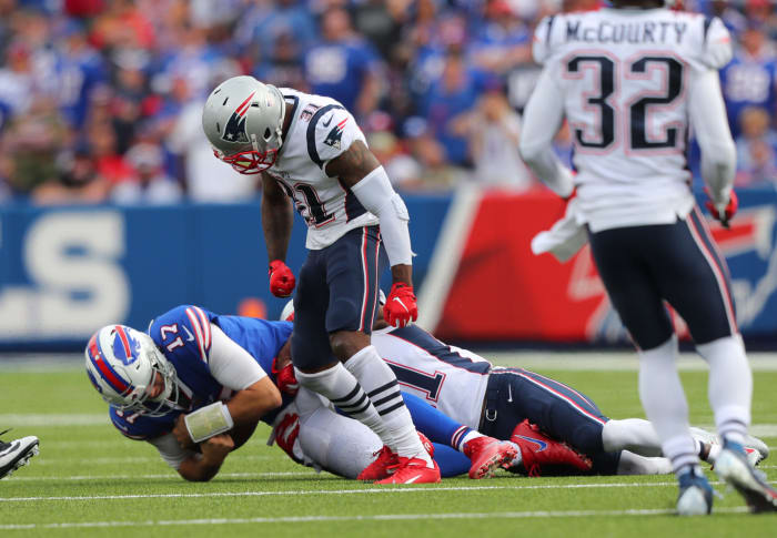 Buffalo Bills quarterback Josh Allen gets rocked by the Patriots