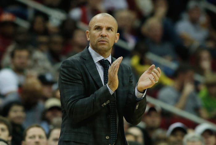 A closeup of Jason Kidd on the sideline for the Bucks.