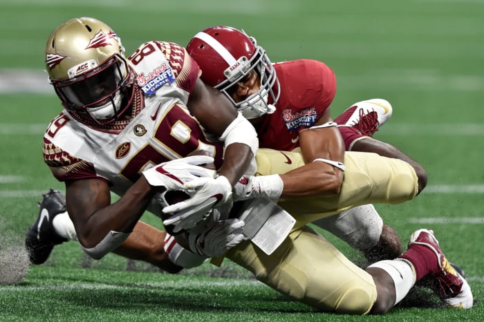 Alabama player tackles Florida State receiver Keith Gavin during the 2017 game in Atlanta.