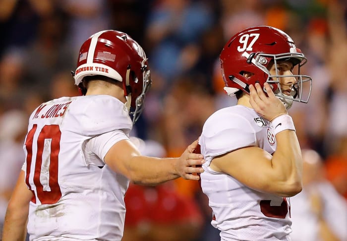 Alabama kicker Joseph Bulovas misses a kick against Auburn.