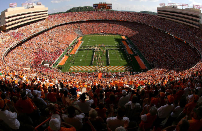 A high end zone view of the field at Neyland Stadium.