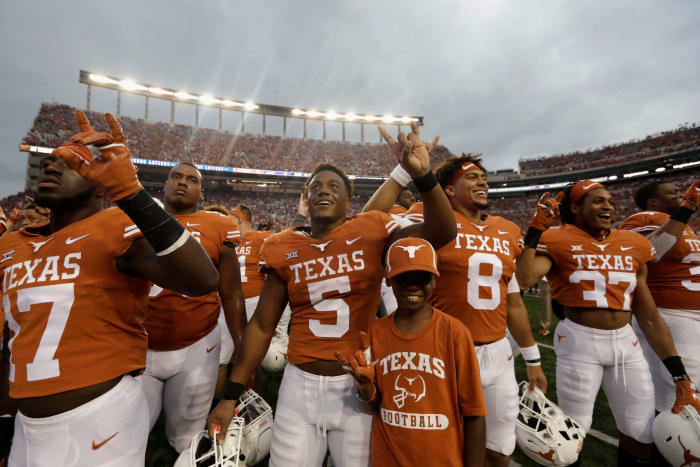Casey Thompson and the Texas Longhorns celebrate a win.