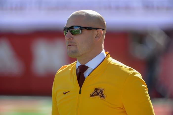 A closeup of Minnesota Gophers football coach P.J. Fleck.