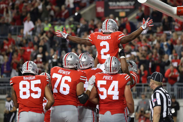 The Ohio State Buckeyes celebrating a J.K. Dobbins touchdown.