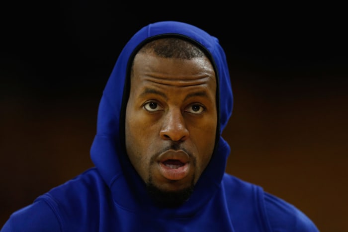 Andre Iguodala warms up before an NBA Finals game.