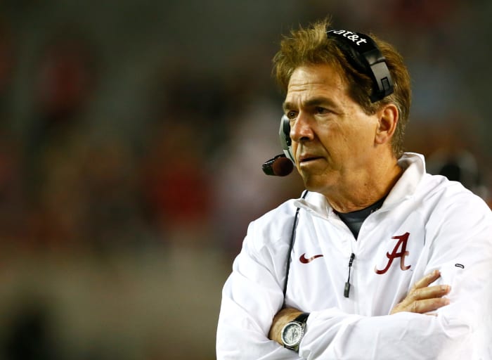 A closeup of Nick Saban on the Alabama sideline.