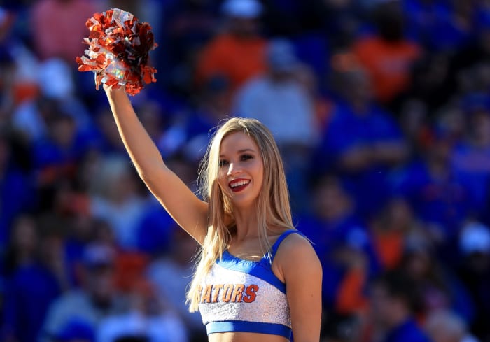 A closeup of a Florida Gators cheerleader.