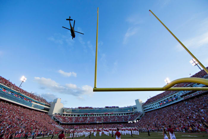 An interior view of the college football stadium for Arkansas Razorbacks.