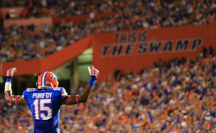 A Florida Gators football player pumping up the crowd.