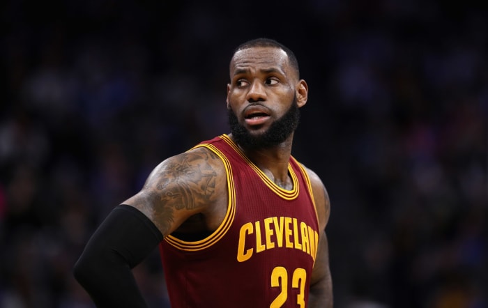 LeBron James looking over his right shoulder.