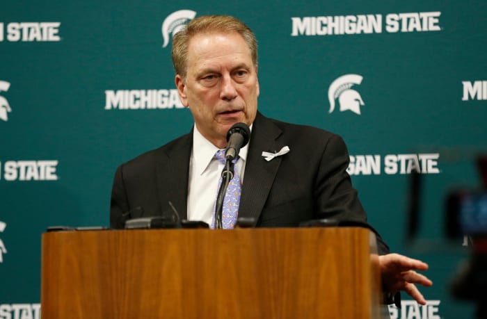 Michigan State coach Tom Izzo speaking at a press conference.