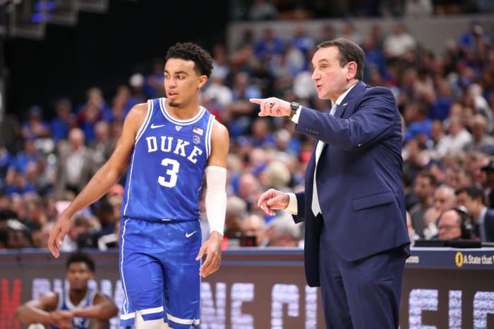 Coach K speaking to Tre Jones.